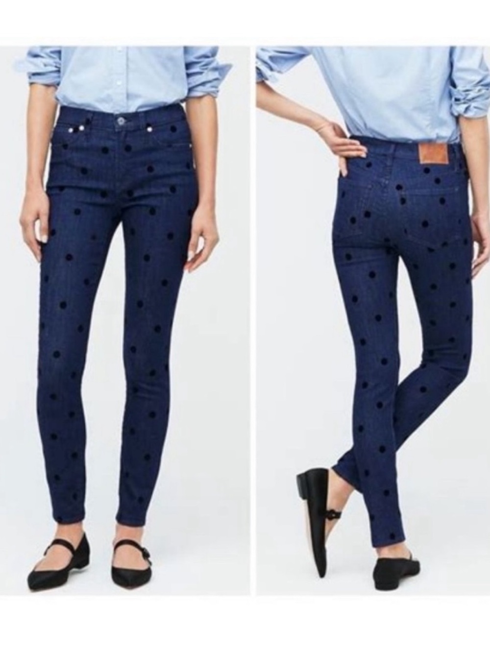J. CREW 9" High-rise Toothpick Jean Velvet Dots SZ 27 Denim Polka Dot Dark Blue